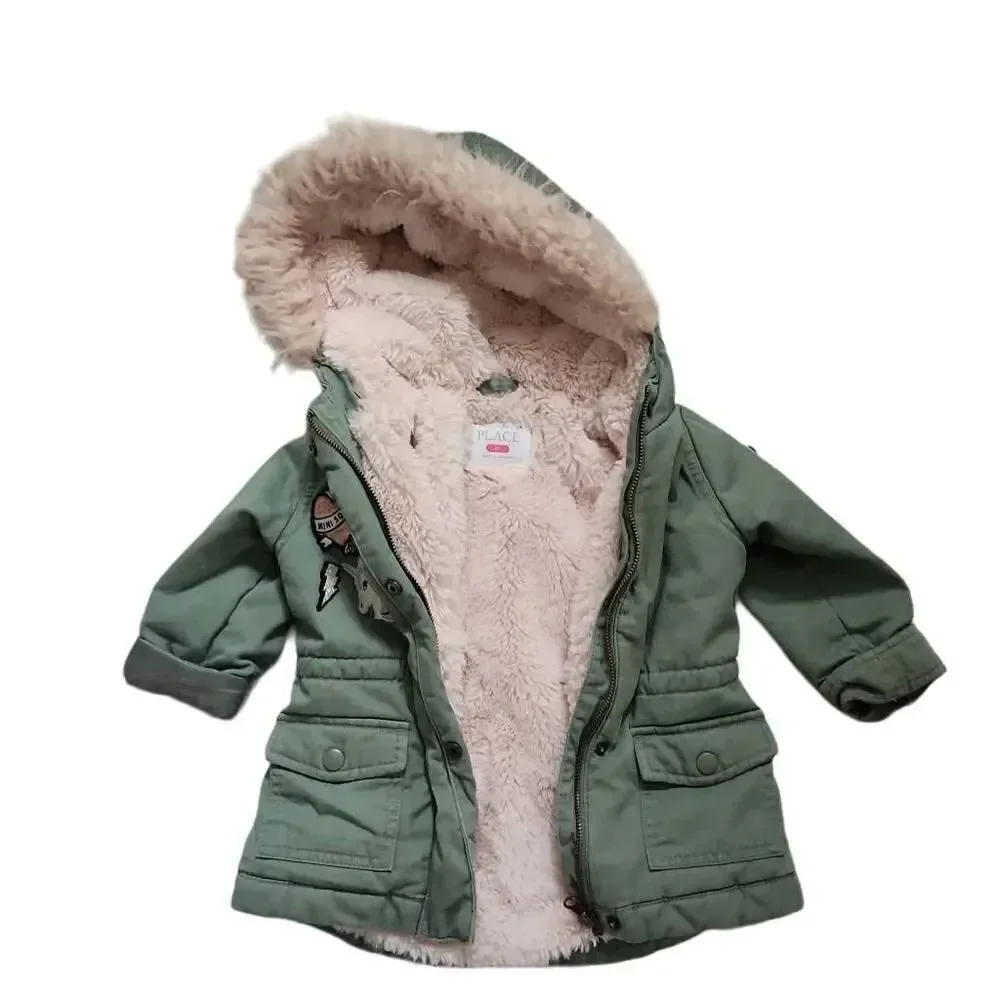 The Children's Place Girls Size 2T Green Pink Faux Fur Lined Unicorn Patch Coat